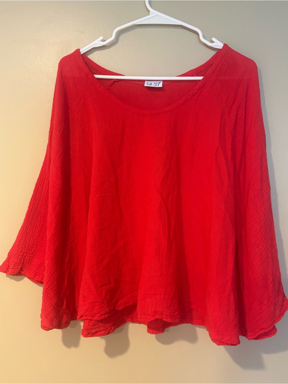 boho gauze cherry red wide sleeve cropped butterfly poncho top breezy artistic